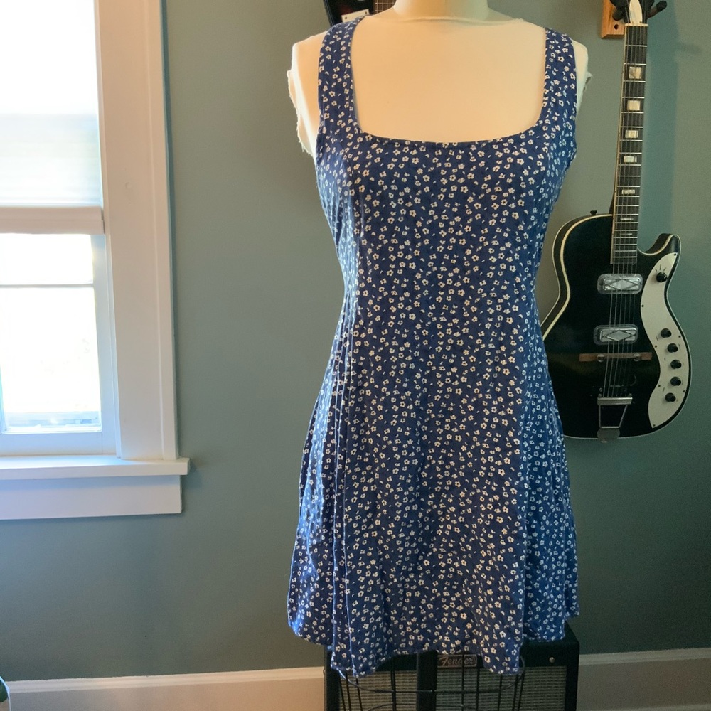 Blue flower trapeze dress 90s summer mini dress with back lace up tie large